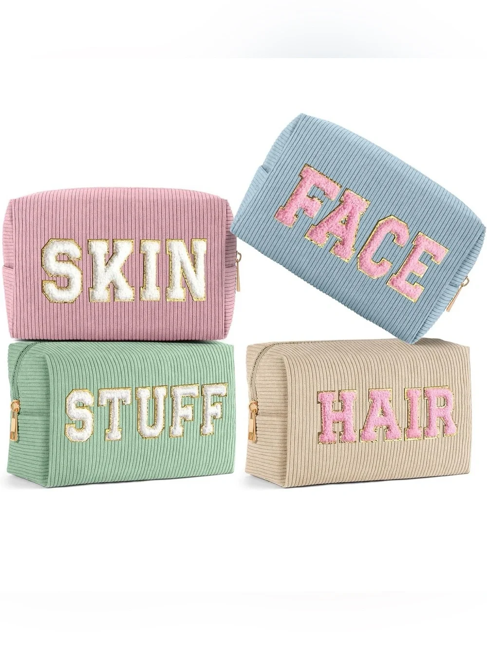 Corduroy Cosmetic Pouch Set - Pastel Pink, Blue, Mint, Beige